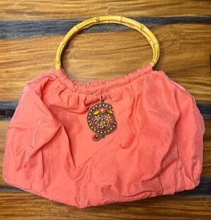 Marlo Boho Hobo Bag Vintage Salmon Coral Iridescent Fabric Bamboo Handle